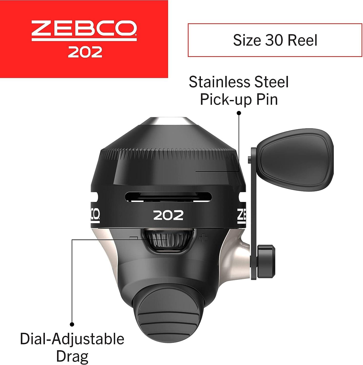 Zebco 202 Spincast Fishing Reel, Size 30 Reel, Right-Hand Retrieve, Durable  All-Metal Gears, Stainless Steel Pick-up Pin, Pre-Spooled with 10-Pound  Zebco Fishing Line, Black, Clam Packaging