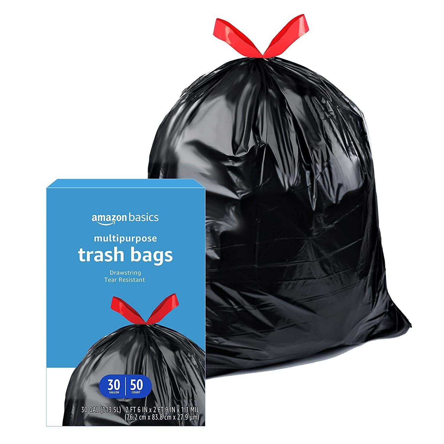 Basics Multipurpose Drawstring Trash Bags, 30 Gallon, 50