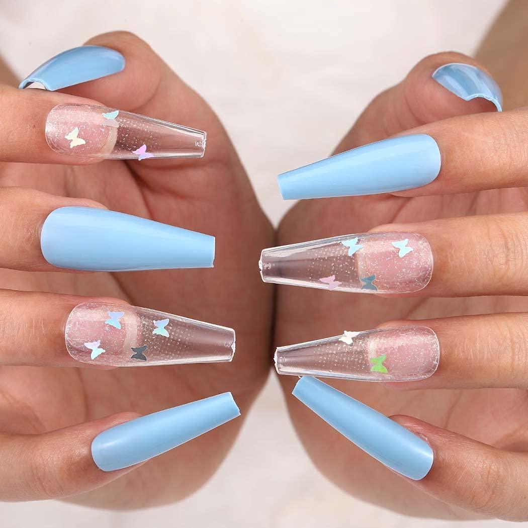Glossy Laser Blue Ombre Gradient Long Coffin Nails With Extra Long Square  Coffin Press On, Butterfly Glitter Sequins, Acrylic Ballerina Long Coffin  Nailsl Art From Cuteage, $1.99 | DHgate.Com