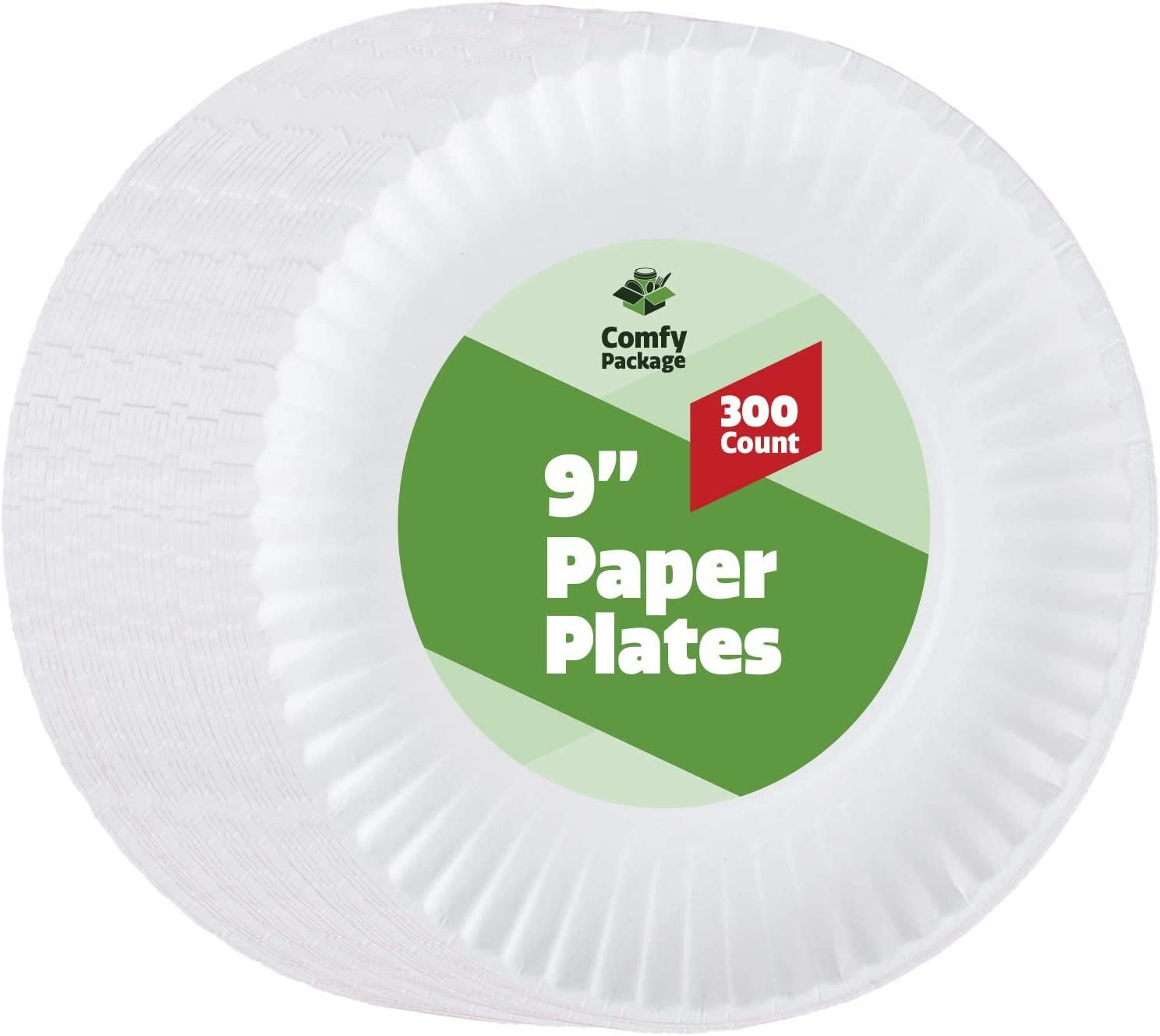 300 Pack Disposable White Uncoated Paper Plates, 9 Inch Large 300