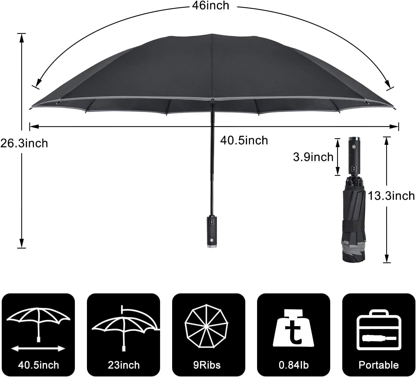 Lejorain Folding Reverse LED Umbrella - Upside Down Reflective Umbrella  Compact Inverted Travel Windproof Umbrella Auto Open Close for Rain 1.Black