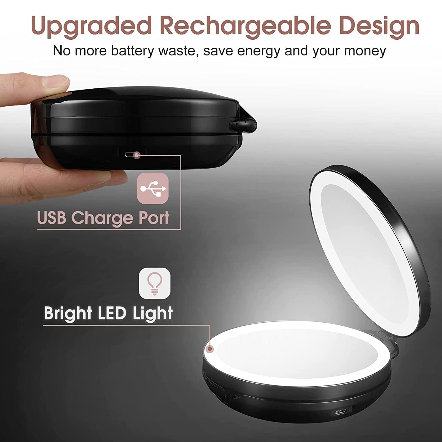 KEDSUM Upgraded Rechargeable LED Lighted Travel Magnifying Mirror, 1X/10X Magnification Compact