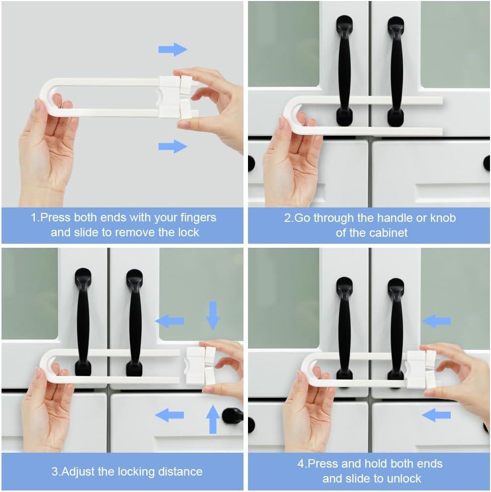 Child Safety Cabinet Locks - 6 Pack Adjustable U-Shape Sliding Door Latches | No-Tool Installation Child Proofing