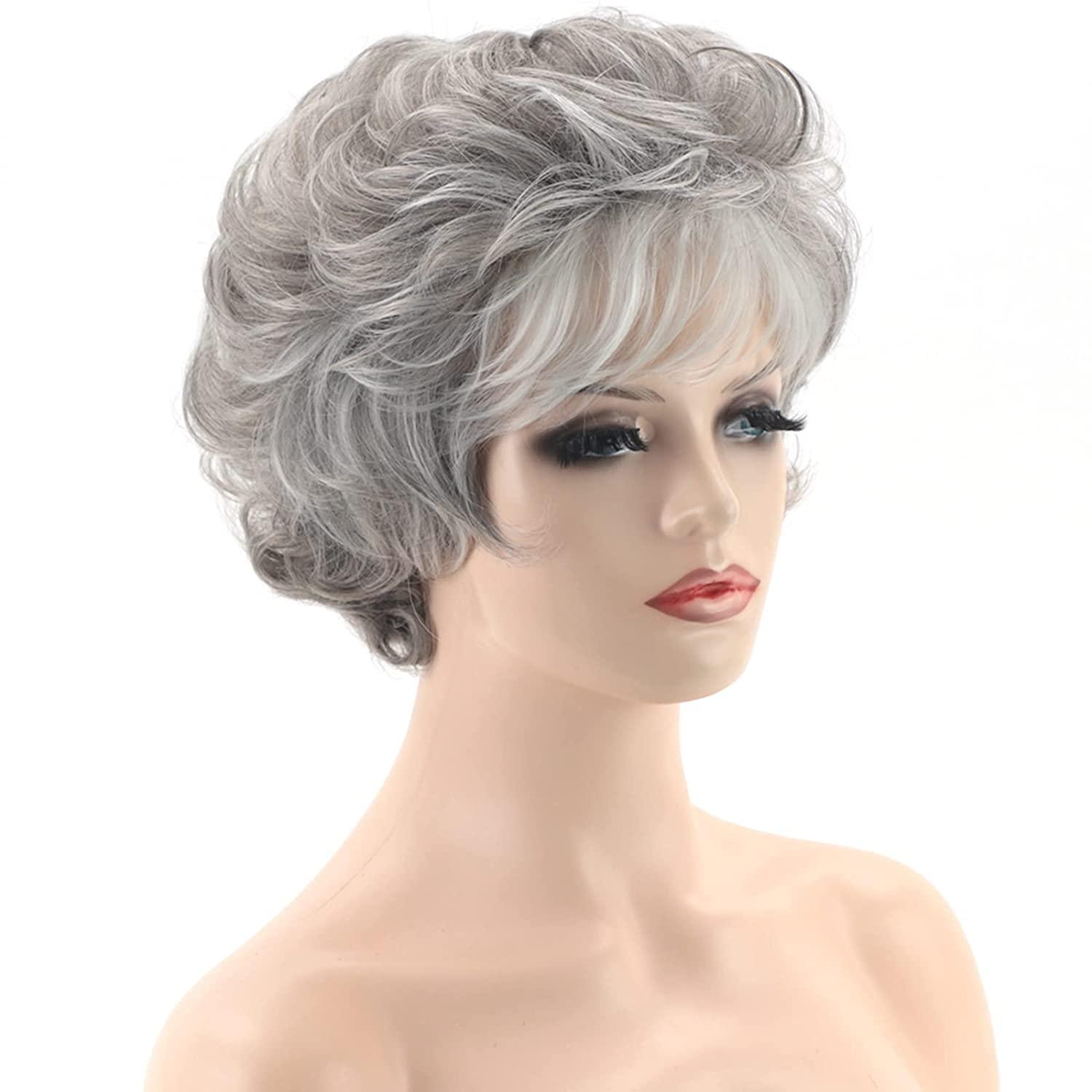 Short Gray Curly Wigs for White Women Sliver Grey Pixie Cut Wig with