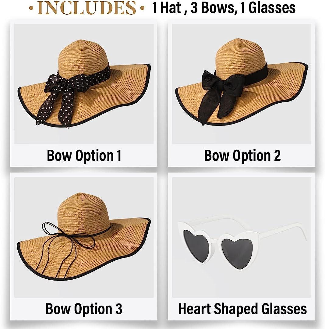 Funcredible Wide Brim Sun Hats for Women - Floppy Straw Hat with Heart  Shape Glasses Multi-khaki