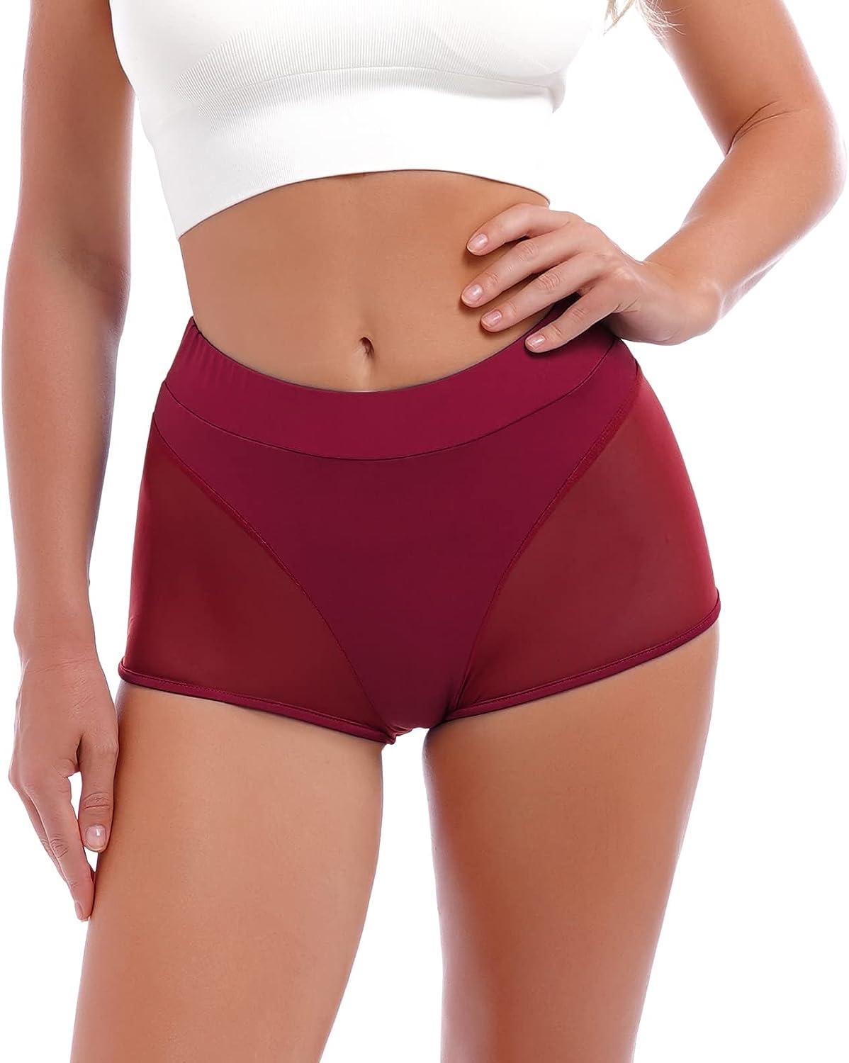 Women High Waist Mesh Tulle Spliced Activewear Yoga Shorts Dance Bottoms  Rave Booty Shorts Mini Hot Pants Medium Wine Red