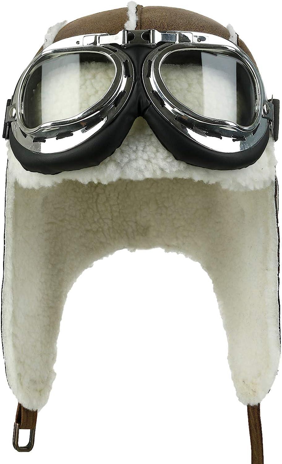 ililily Aviator Hat Winter Snowboard Fur Ear Flaps Bomber Trooper Trapper  Pilot Goggles Medium Light Brown/White
