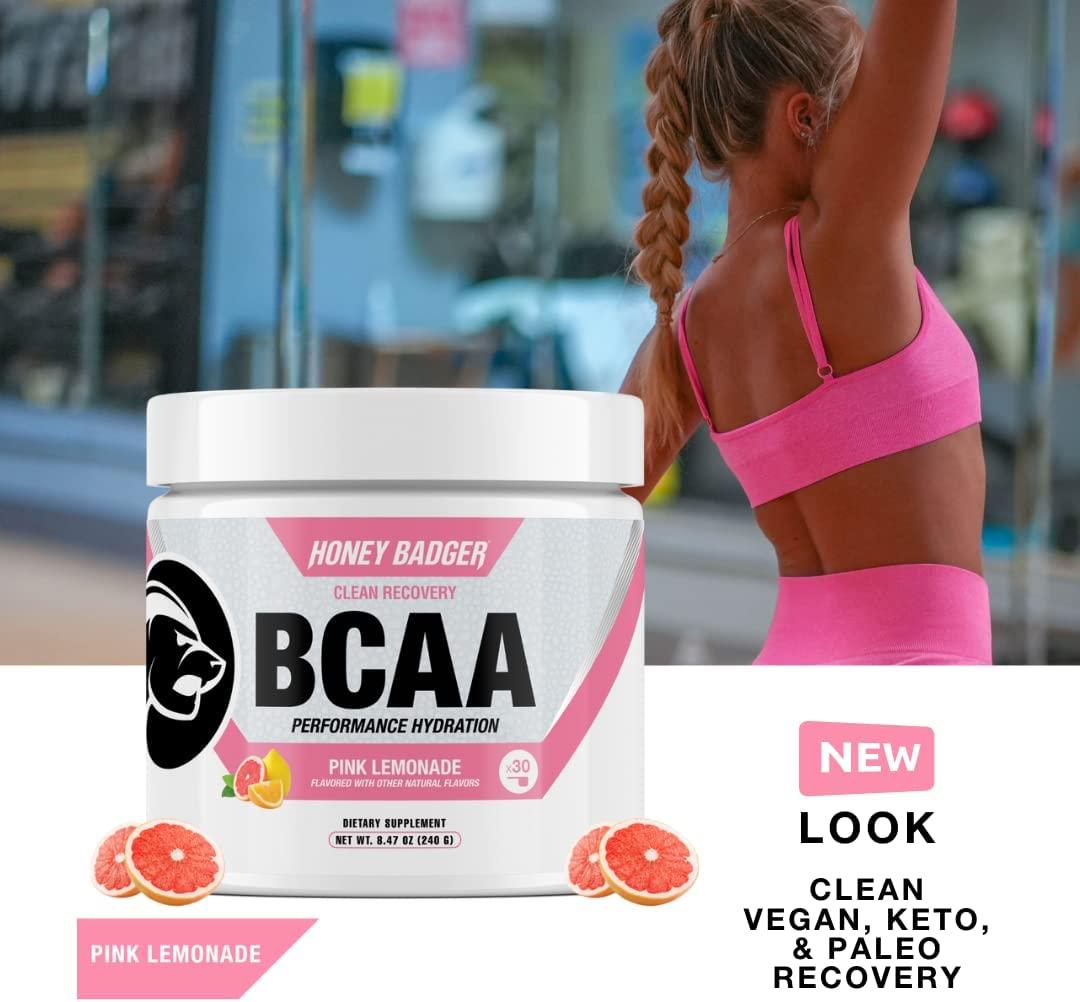 Honey Badger BCAA Amino Acids Powder Vegan Keto Pink Lemonade Electrolytes for Hydration