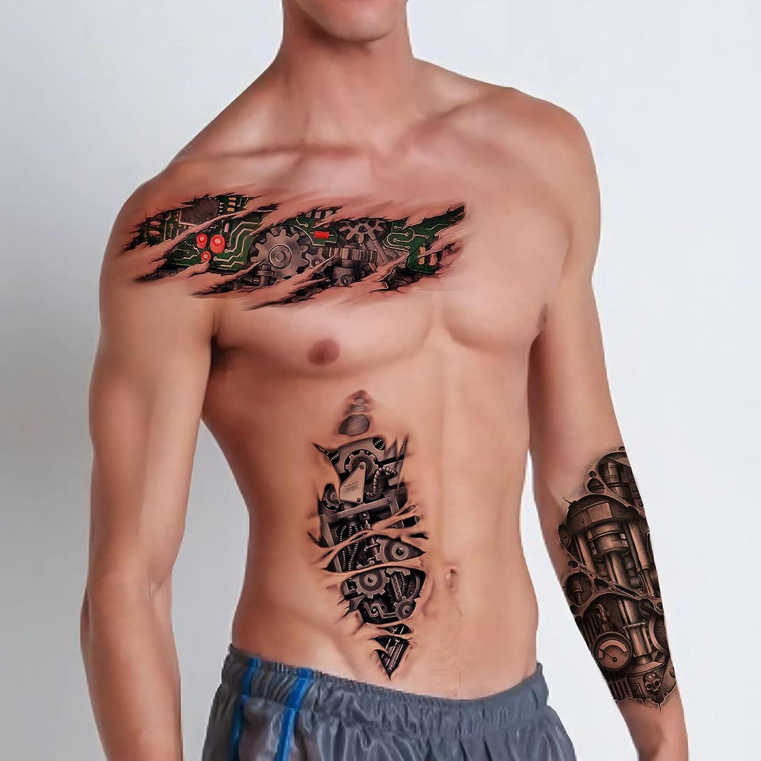 oldguychris:full-frontal-owl-skull-blkgry-rose-book-chest -fineline-stomach-smoke-cool-tattoos-hourglass-bird-of-prey-frontpanel