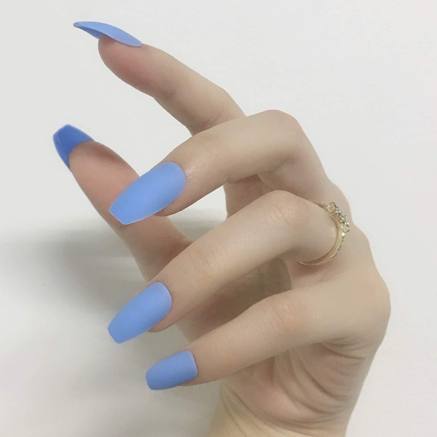 Extra Long Coffin Fake Nails Ballet False Nail Matte Ombre Baby Blue  Butterfly Printing Press On Nails With Designs Acrylic Full Cover False  Nails For | Fruugo NZ