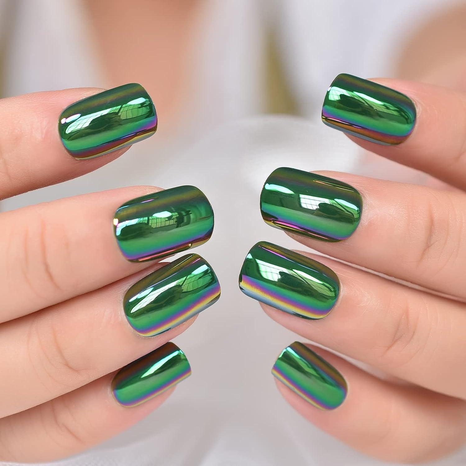 Stunning Sage Green Chrome Nails