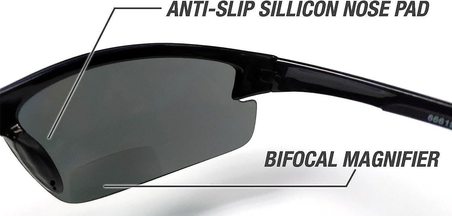 RENEGADE Patented Bifocal Polarized Reader Half Rim Men's Fishing Sunglasses  100% UV Protection with Microfiber Bag Black Frame, Grey Lens - 613649  Bifocal +2.00