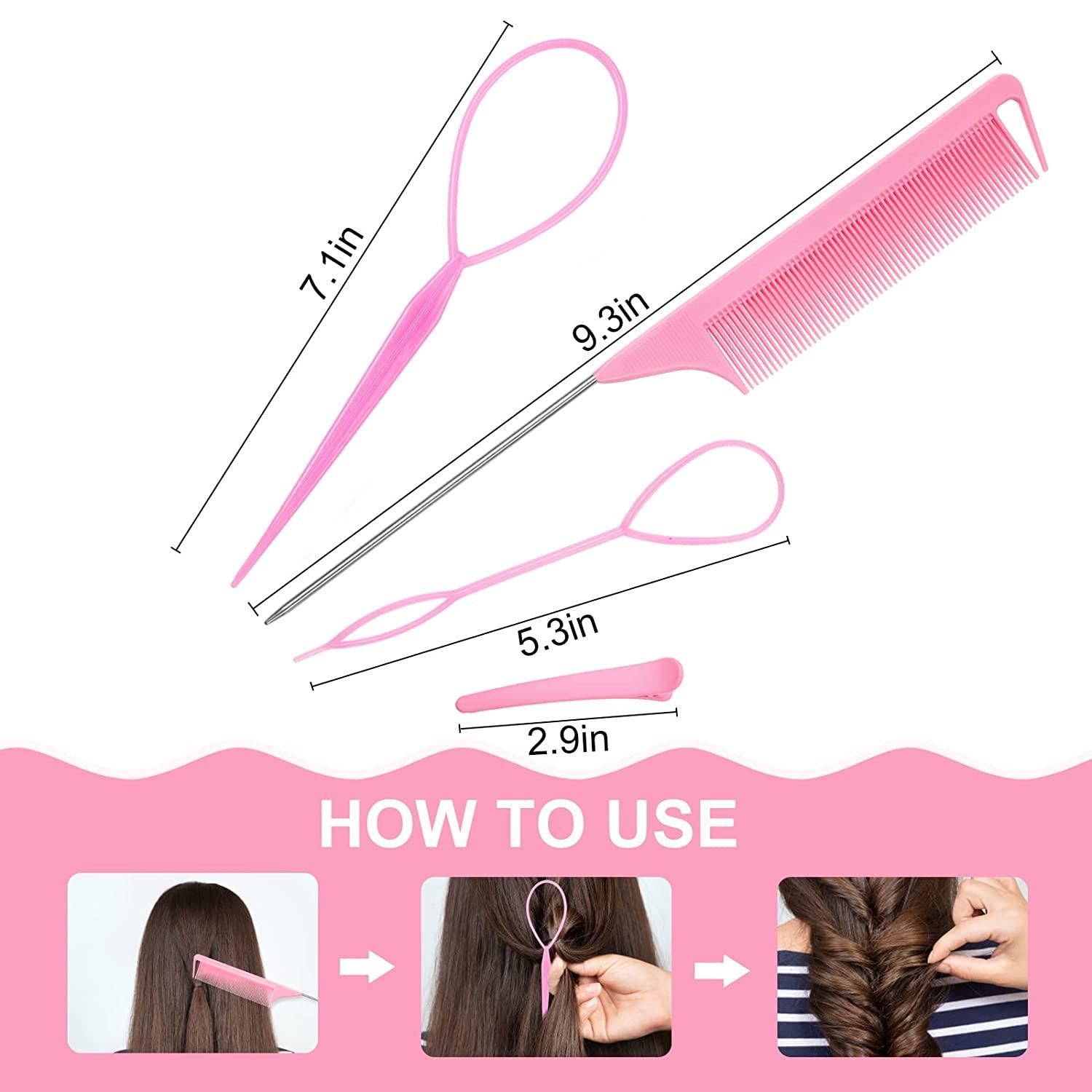 4 Pack Hair Loop Tool Set with 2 pcs French Braid Tool Loop,1 pcs rat tail  comb,1 hair clip, Hair Tail Tools for Hair Styling,Hair Braid Accessories  Ponytail Maker Pink,4 Pack