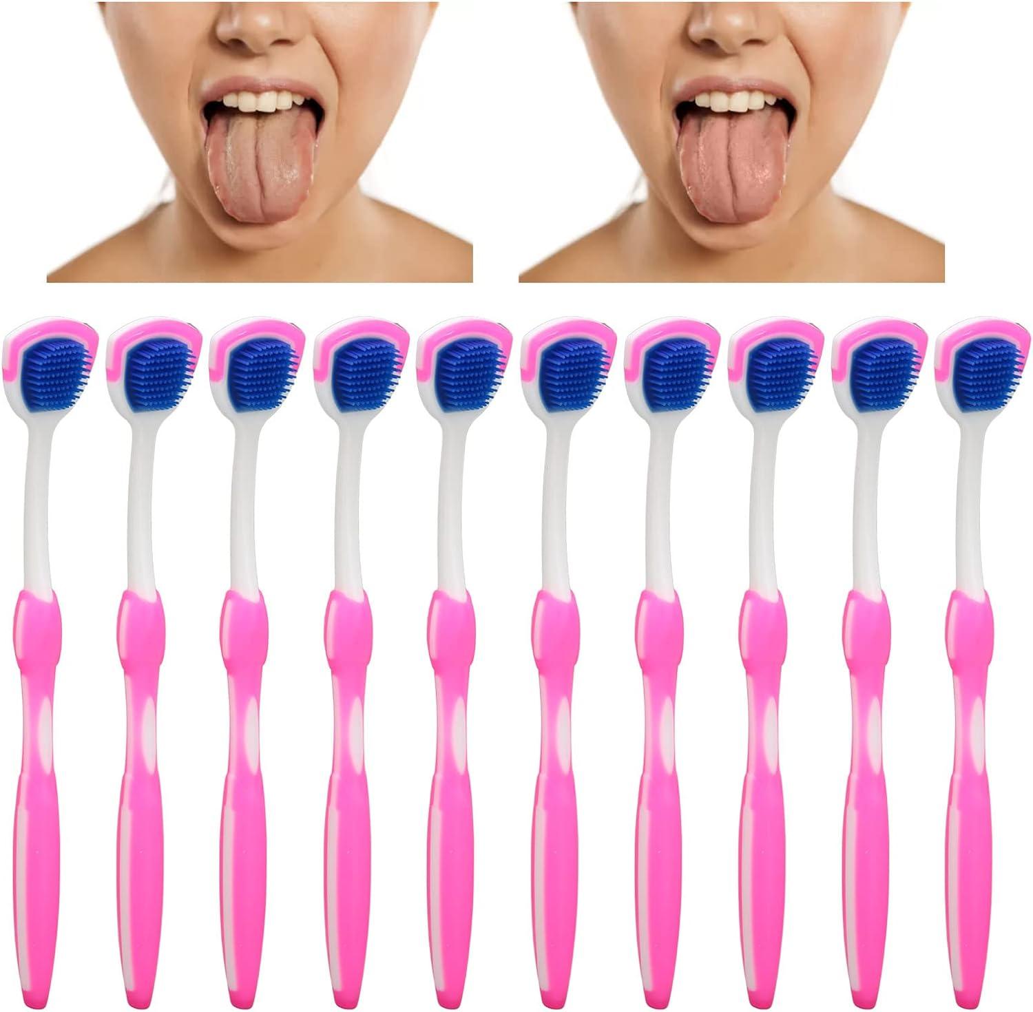 10Pcs Tongue Brush Long Handle Silicone Tongue Scraper Tongue Cleaner Helps  Fight Bad Breath for Tongue Mouth(Pink)