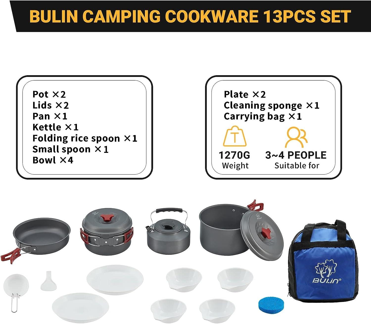 Bulin 13-Piece Camping Cookware Mess Kit for Family Hiking and Picnic  Lightweight Backpacking Cooking Set with Kettle, Pot, Frying Pan, Bowls,