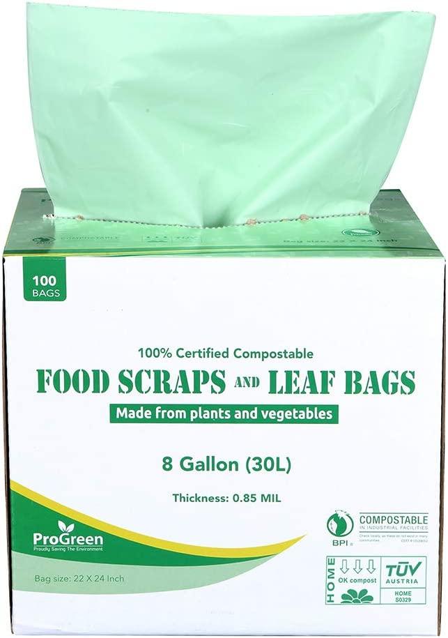 ProGreen 100 Compostable Bags 8 Gallon (30L), Extra Thick 0.85 Mil