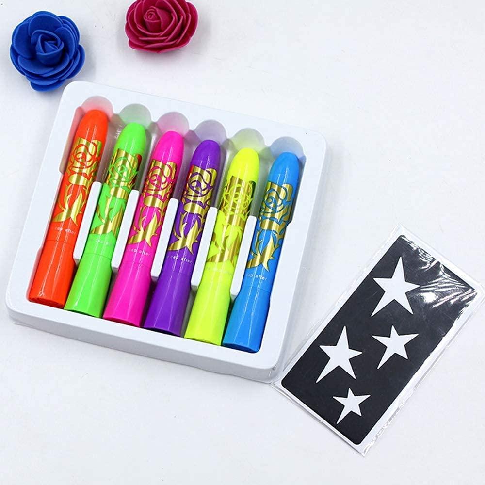 12Pcs Glow in The Black Light Dark Face Body Paint 6 Colors UV Neon Light  Fluorescent Crayons with Neon Temporary Tattoos Face Paint Sticks Makeup  Kit