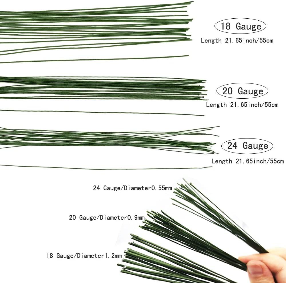 Saktopdeco 21.6 Inch Floral Stems Wire Green Paper Wrapped Wire 18 Gauge 20  Gauge 24 Gauge for Crafts Flower Arrangement