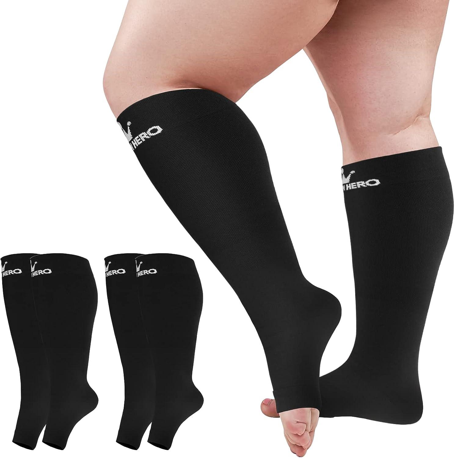 3XL Plus Size Wide Calf Support Socks for Men & Women Circulation 20-30mmHg  - Opaque Compression Socks with Open Toe for Varicose Veins Circulation,  Lymphedema, Arthritis by Mojo - Black, 3X-Large 