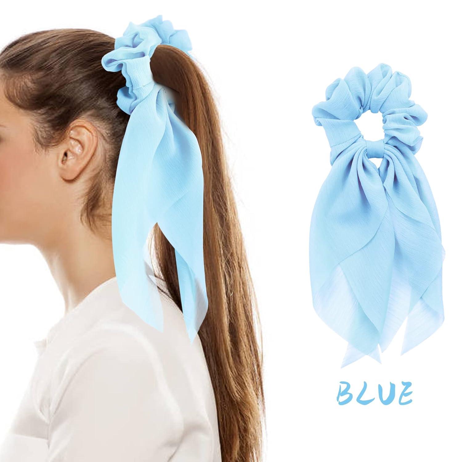 8 Pack Colorful Solid Plain Long Chiffon Ribbon Hair Bows for
