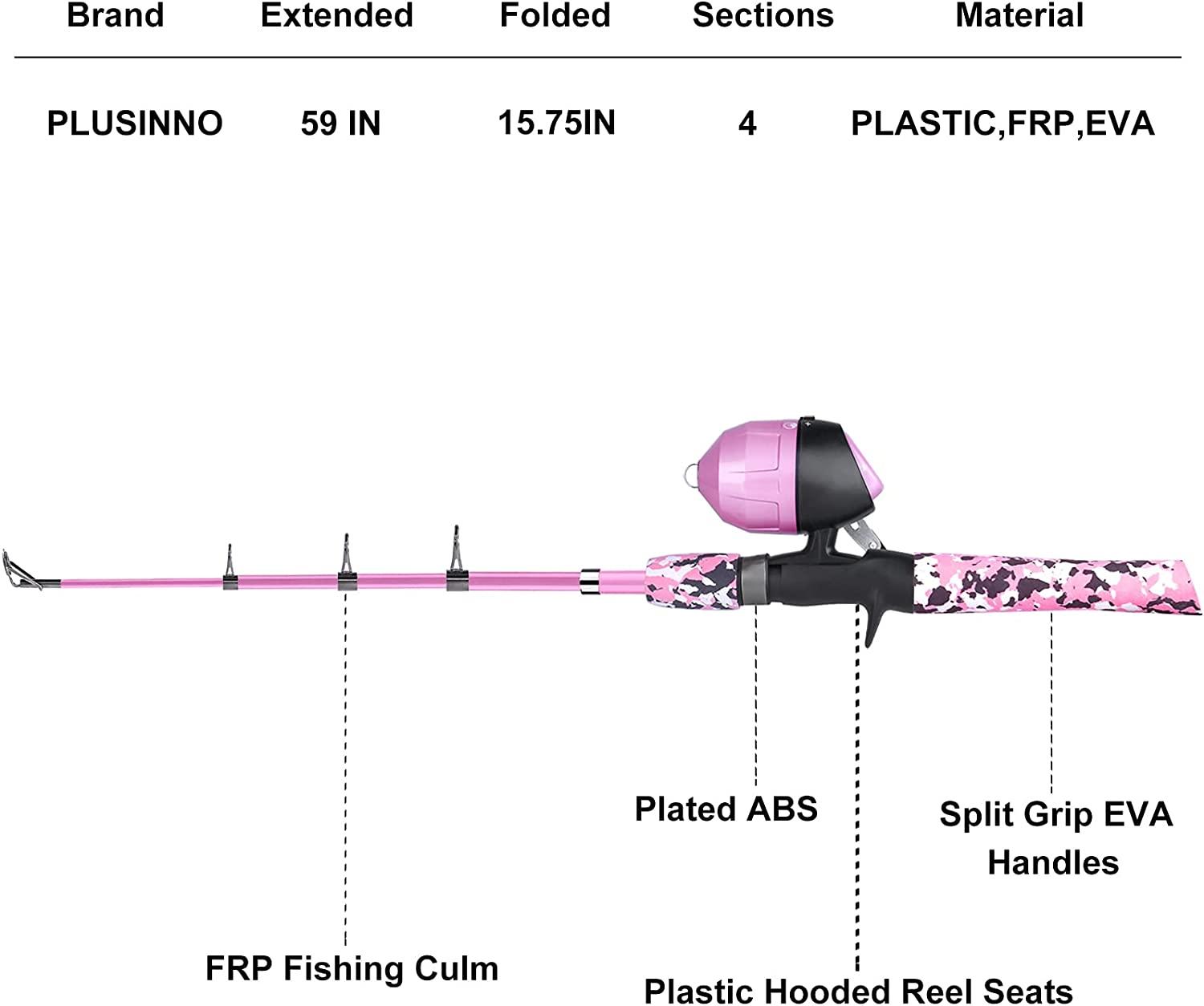 PLUSINNO Kids Fishing Pole,Telescopic Fishing Rod and Reel Combos with  Spincast Fishing Reel and String with Fishing Line Pink Handle without Bag  150CM 59.05IN