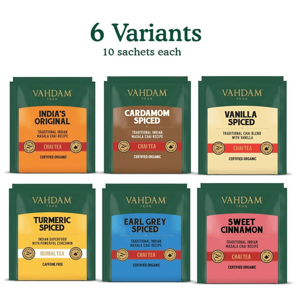 VAHDAM Chai Tea Variety Sampler Pack 60 Tea Bags 6 Flavors 10 Tea