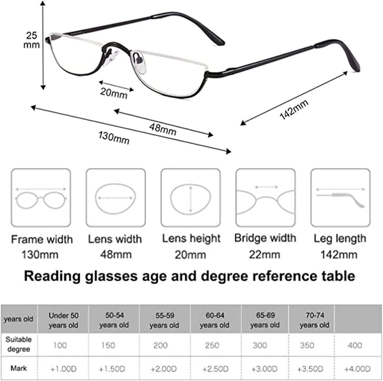 Hubeye 3 Pairs Half Moon Reading Glasses Metal Slim Semi Rimless