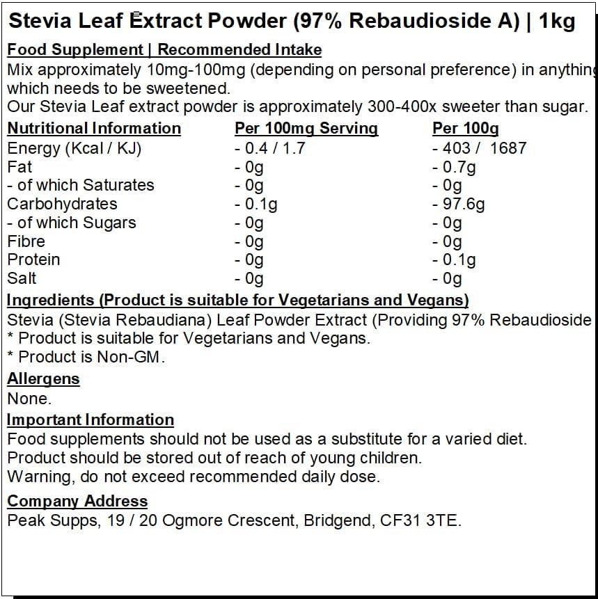Stevia Leaf Extract Powder 97 Rebaudioside A Natural PLant Based Sweetener Steviosides
