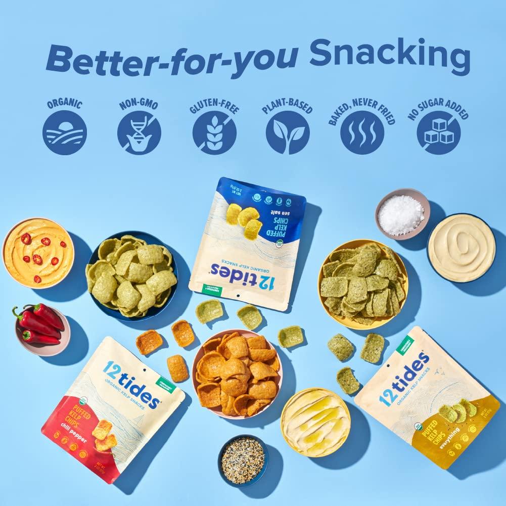 12 Tides Organic Puffed Kelp Chips Plant Based Seaweed Snack (4 Pack