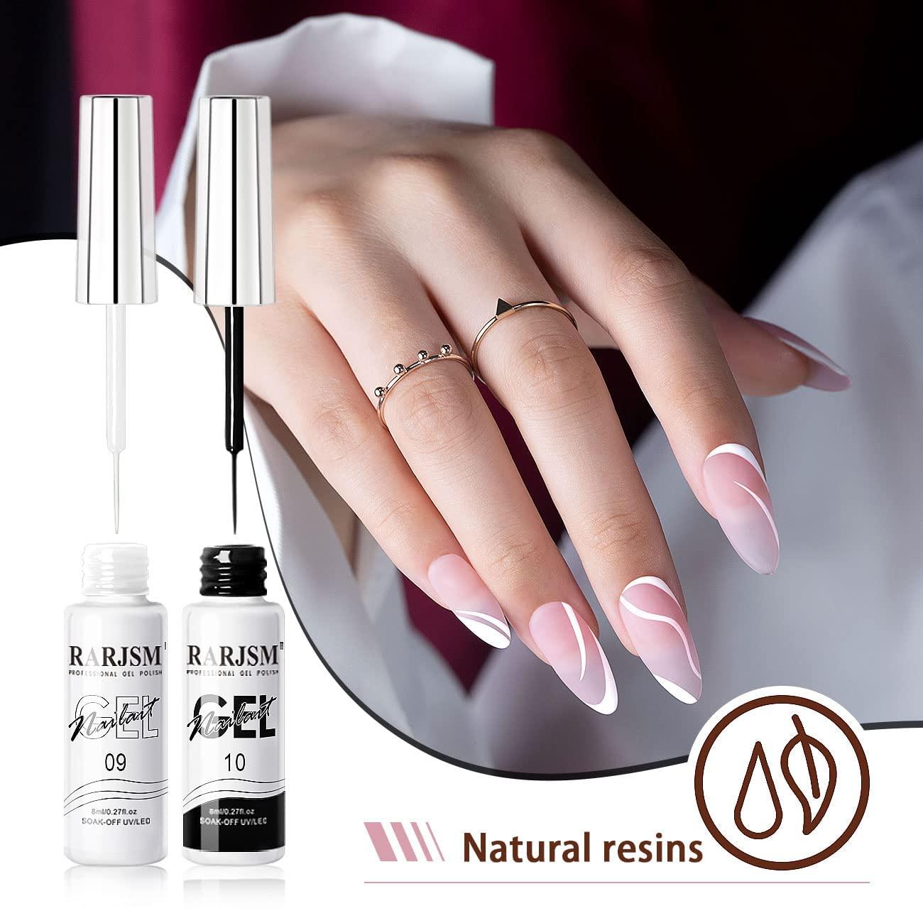 RARJSM Nail Art Gel,Liner Gel Polish,Black White Nail Design Polish Painted Gel  Nail Polish Set 2Pcs Soak off Curing Requires 8ml Build in Thin Brush for  Home Salon Diy Nail French Manicure
