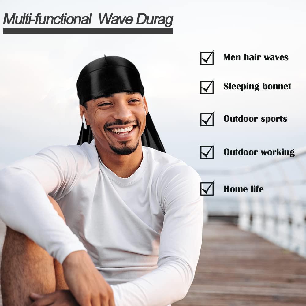 ASKNOTO 4 Pcs Silky Men Durag Headwraps with Long Tail and 4 Pcs Silk Wave  Cap Perfect for 360 Waves