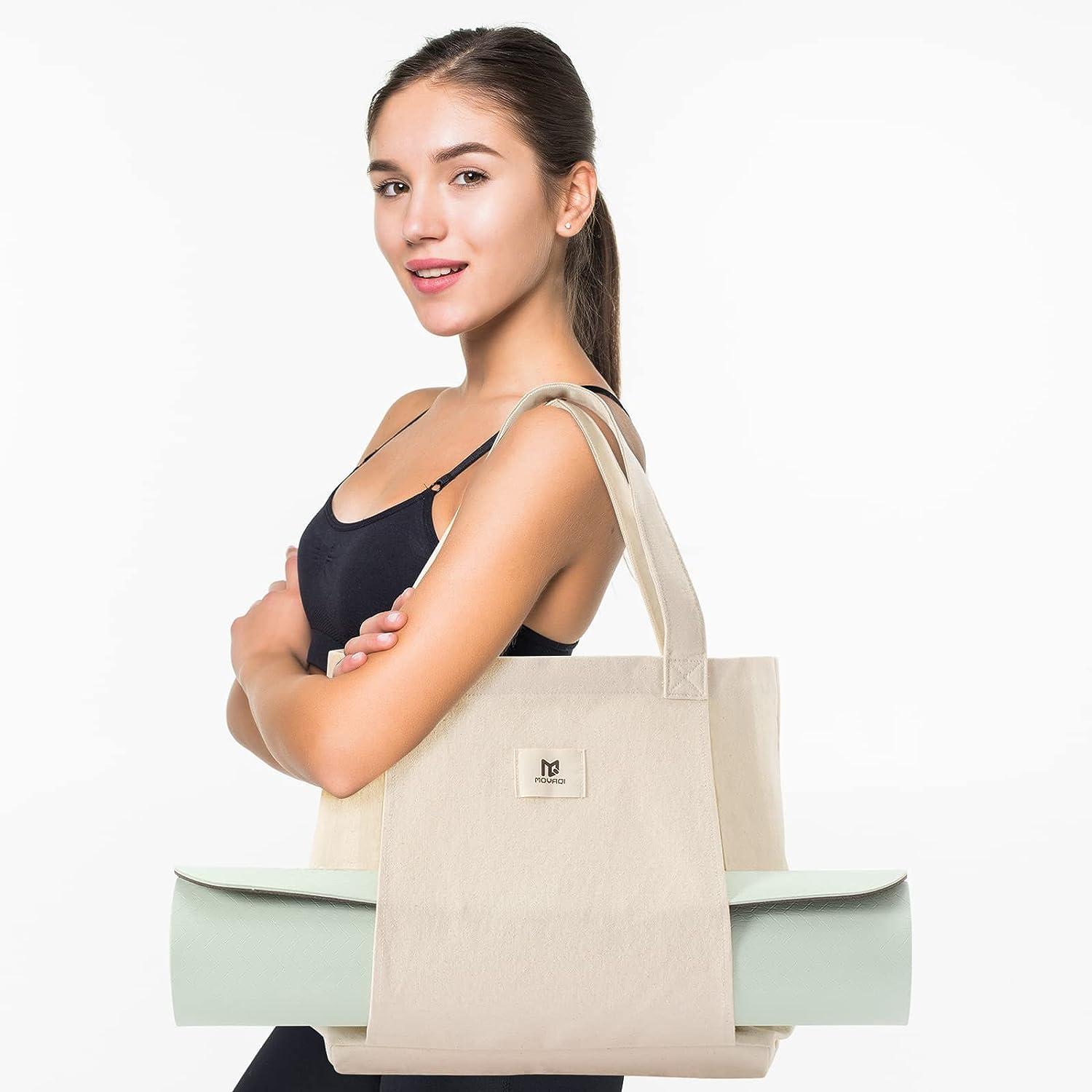 Moyaqi Canvas Tote Bag with Yoga Mat Carrier Pocket Carryall Shoulder Bag  for Office, Workout, Pilates, Travel, Beach and Gym Beige