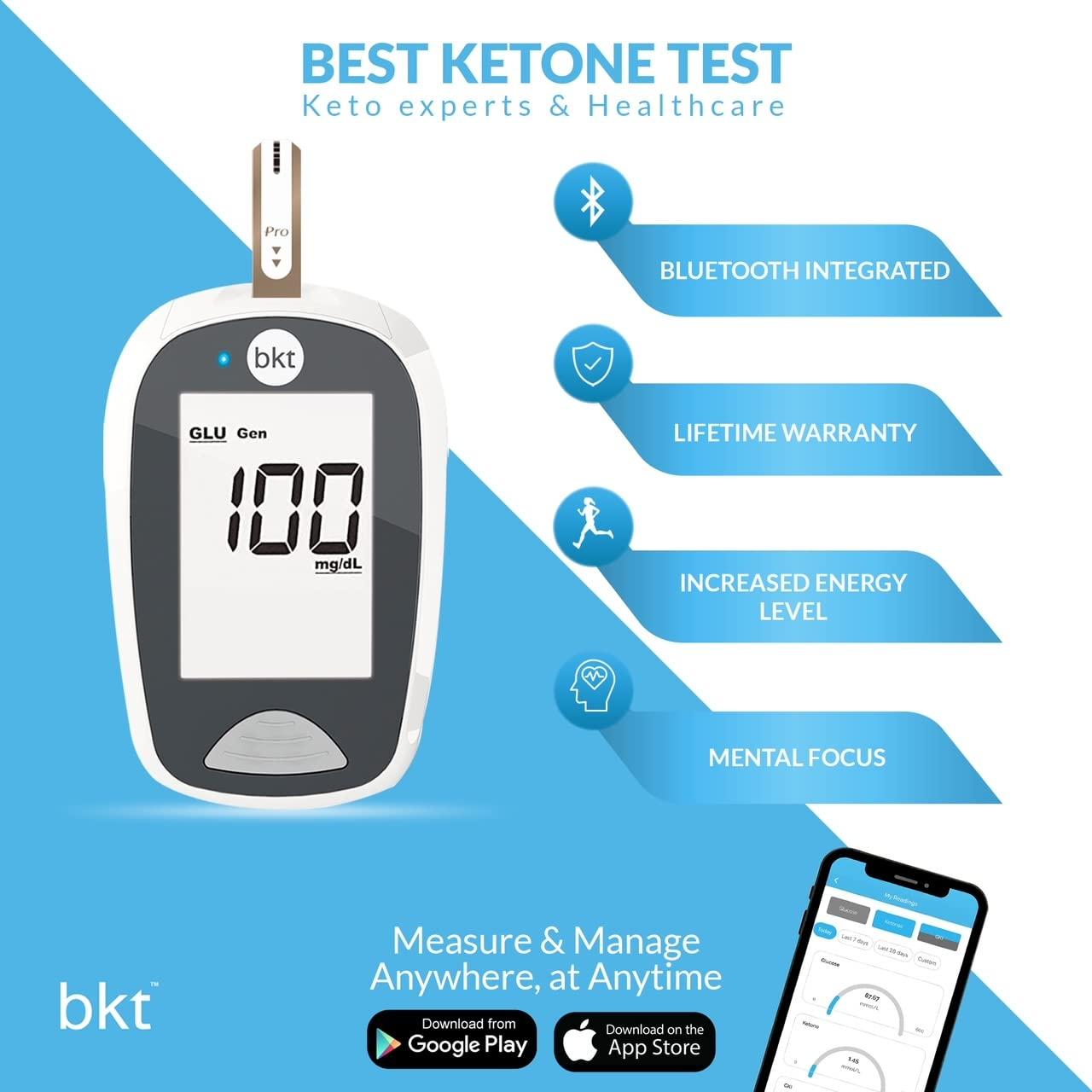KETO-MOJO GK+ Bluetooth Glucose & Ketone Testing Kit + Free APP for Ketosis  & Diabetes Management. 20 Blood Test Strips (10 Each), Meter, 20 Lancets