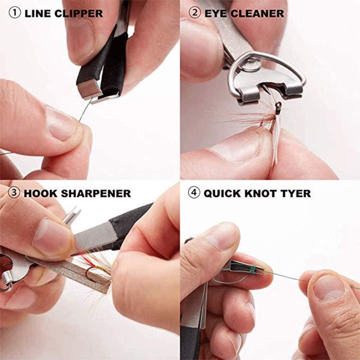 HiBD Fishing Quick Knot Tying Tool Stainless Steel 4 in 1 Tool Including  Quick Knot Knotter Fly Line Clippers Hook Sharpener Hook Eye Needle with  Zinger Retractor 2sets(Silver body red grips +