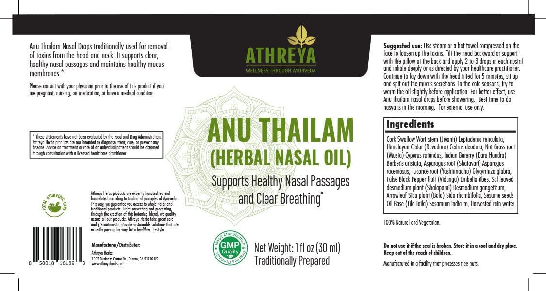 Athreya Herbs Anu Thailam (Nasal Oil) 1 Oz Ayurvedic Herbal Nasal Oil