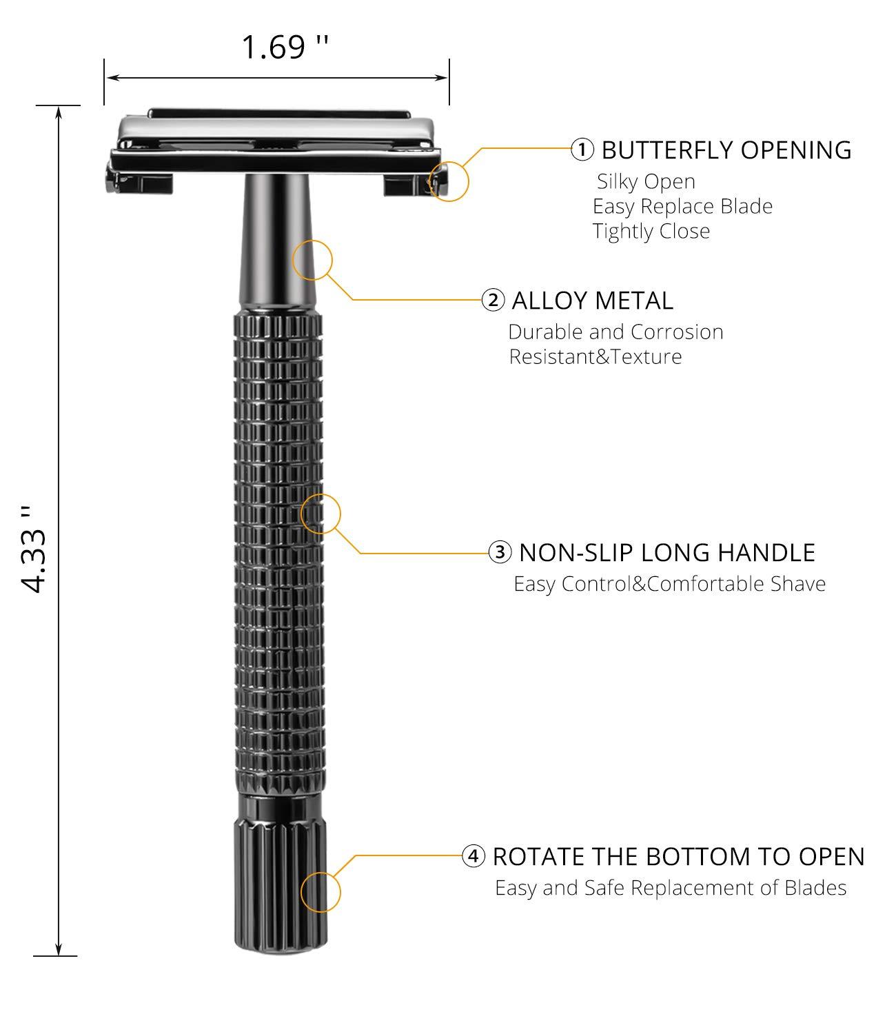 DreamGenius Double Edge Safety Razor, Long Handle Butterfly Open Razors