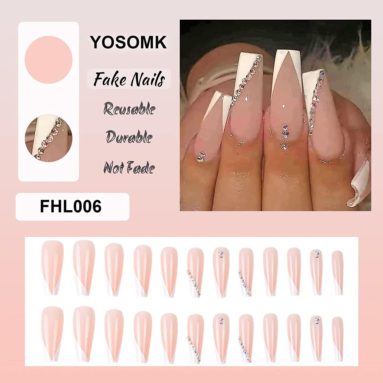 YOSOMK French Tip Press on Nails Long with Designs Pink and White  Rhinestones False Fake Nails Press On Coffin Artificial Nails for Women  Stick on Nails With Glue on Static nails WhitePink