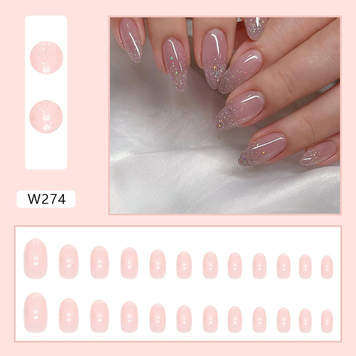 24Pcs Medium Long Press on Nails Nude Pink Fake Nails Almond Shaped False  Nails Glossy Glitter Design Nail Art Supplies Full Cover Artificial Glue on