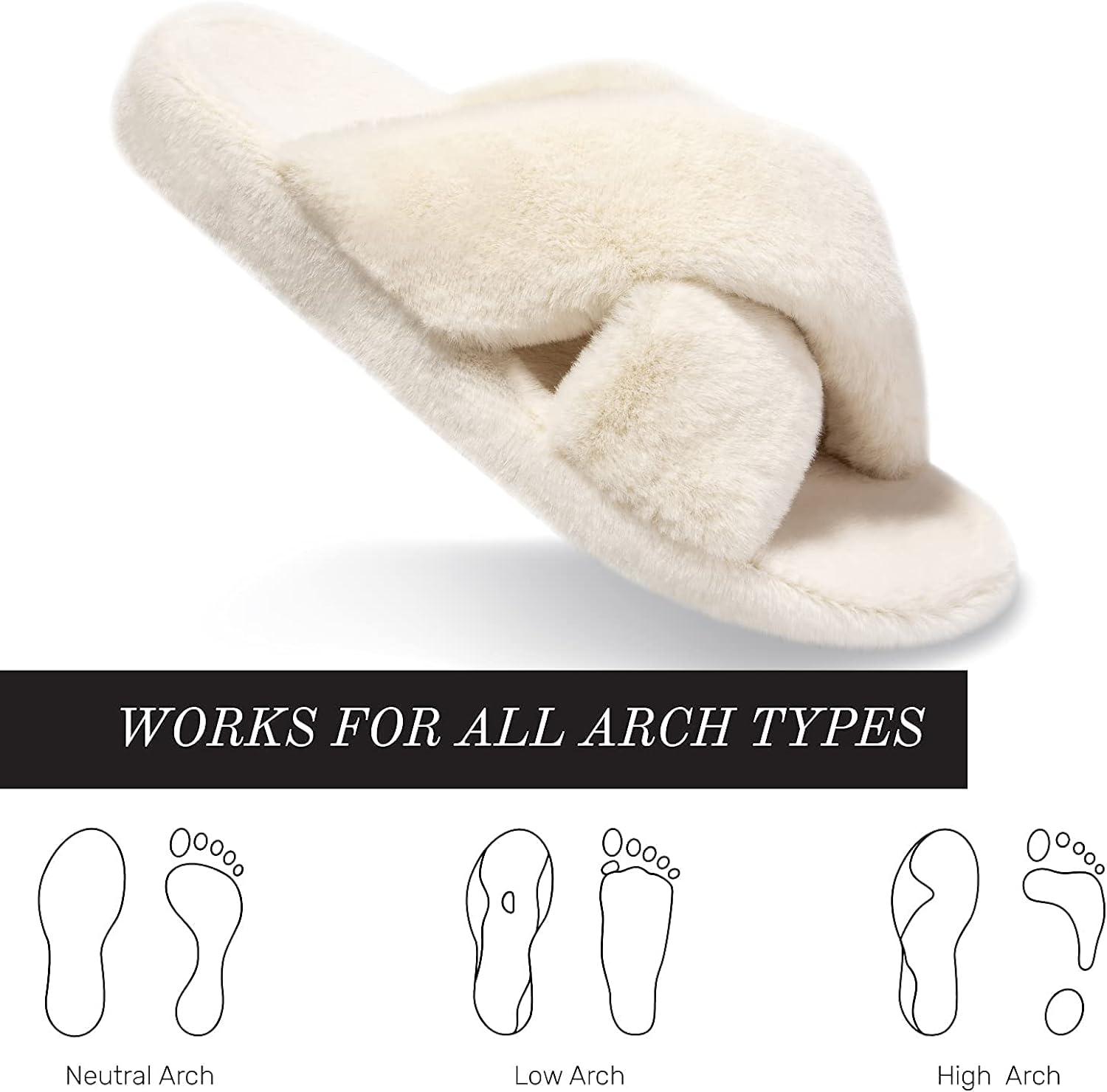 Womens Fuzzy Cross Band Slippers with Orthotic Insole Arch Support