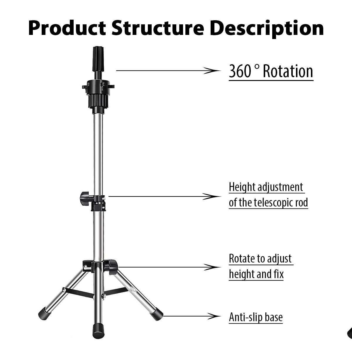 Wig Stand Tripod,Mannequin Head Holder, Adjustable Wig Head Stand Holder  Metal Wig Stand Tripod with Non-Slip Base for Styling Making Wigs