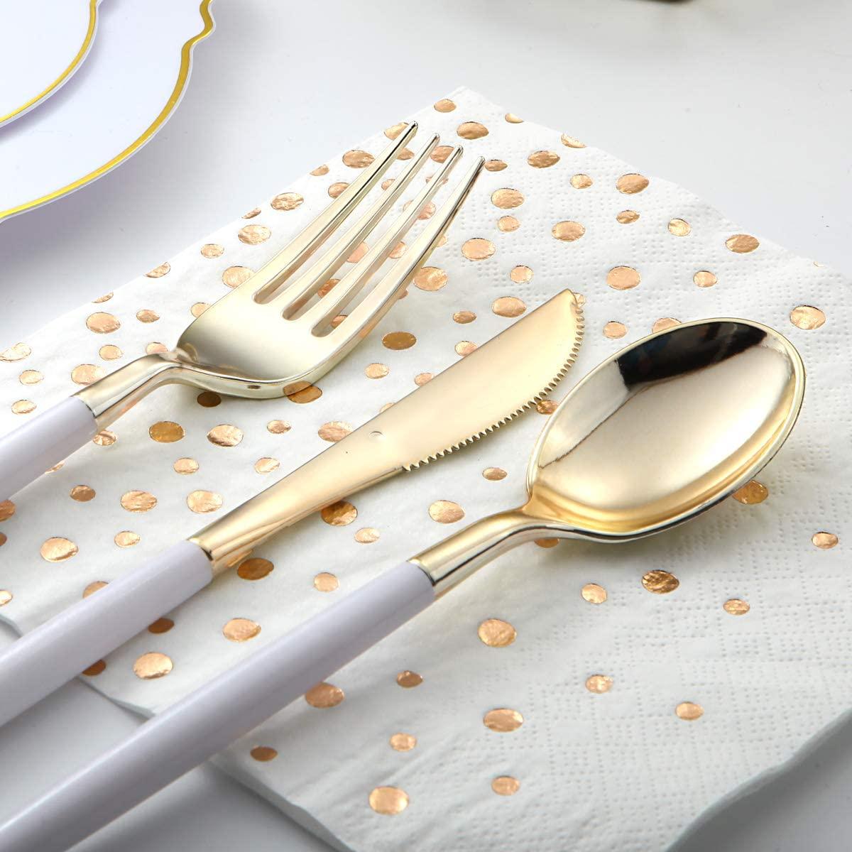 I00000 144 PCS Disposable Gold Silverware, Plastic Flatware with White