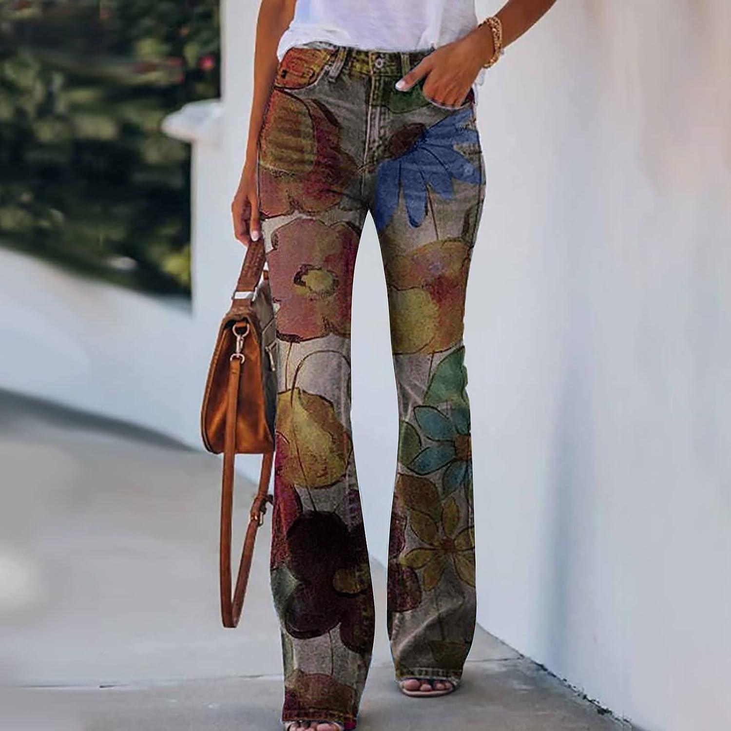 Bell Bottom Jeans for Women High Waisted Flare Jeans Floral Print