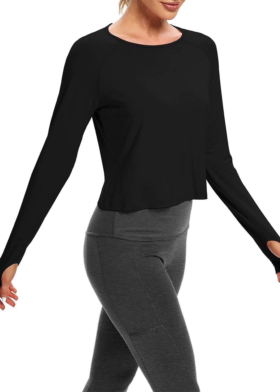 Bestisun Cute Long Sleeve Workout Running Shirts Athletic Yoga Gym Crop Tops  for Women X-Large Black