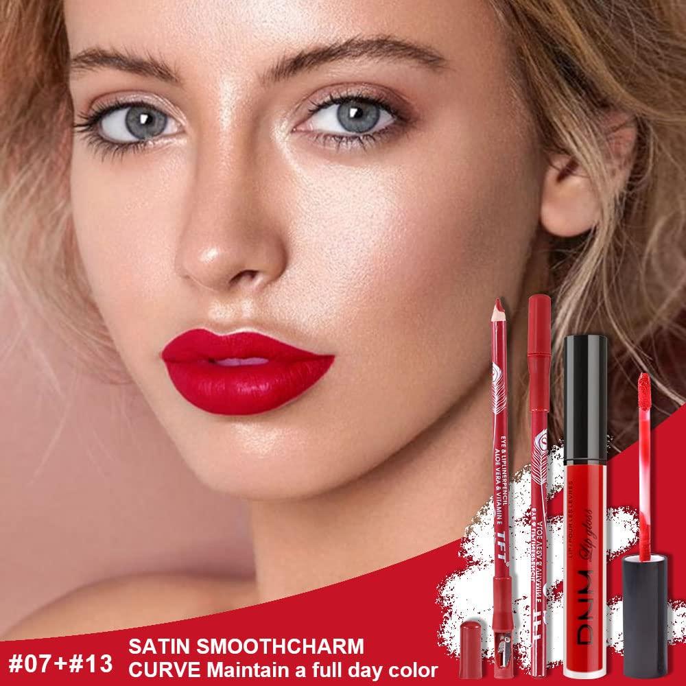 2Pcs Matte Ruby Red Lip Liner and Lipstick Makeup Set, DNM Matte Liquid