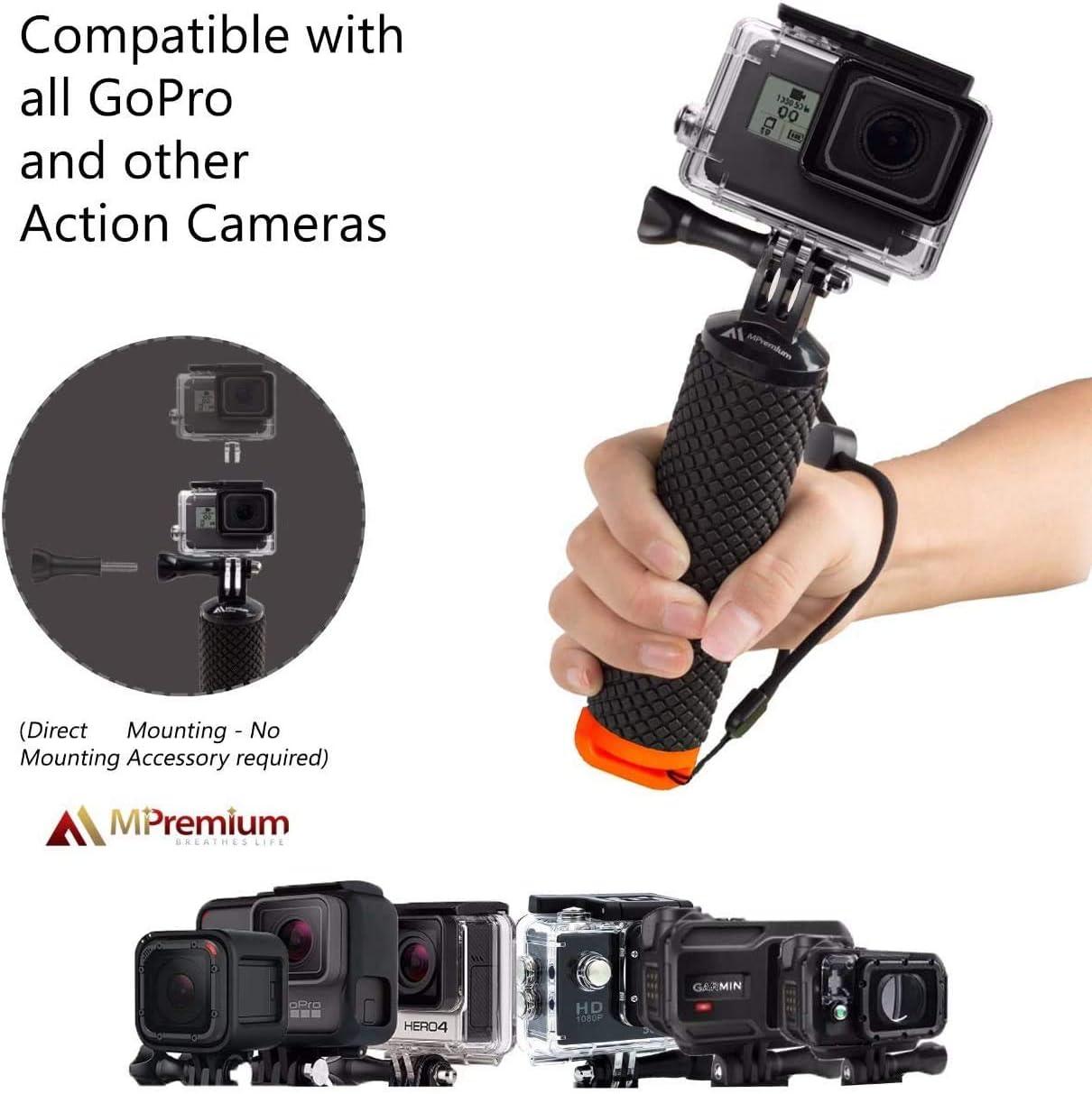 Waterproof Floating Hand Grip Compatible with GoPro Hero 11 10 9 8 7 6 5 4 3+ 2 1 Session Silver Camera Handler & Handle Mount Accessories Kit for Water Sport and Action (Orange)
