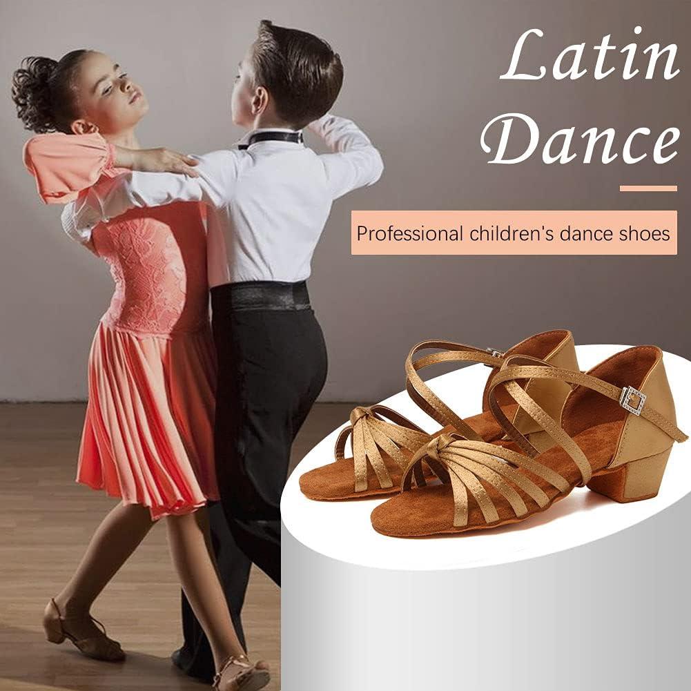 YKXLM Girls Latin Dance Shoes Kids Low Heels Tango Salsa Ballroom Practice Dance  Shoes,Model 203 13.5 Little Kid 203-beige-1 1/3 Heel