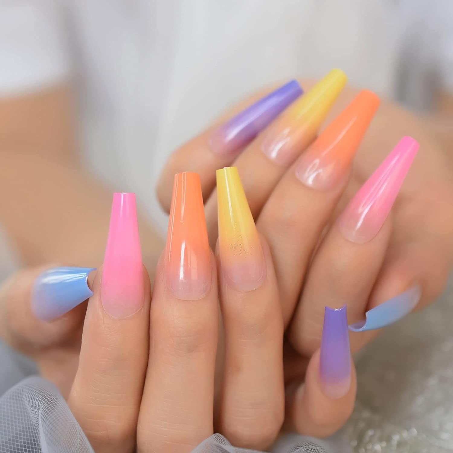 Coolnail Glossy Ombre Rainbow French Coffin False Nails Summer Colorful  Super Long Fake Ballet Nail Yellow Pink Purple Nude Reusable Wear L5880
