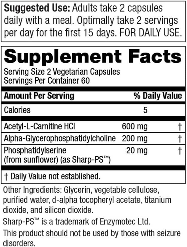 Purity Brain Vitality-GPC: Acetyl L-Carnitine HCI + Alpha GPC +  Phosphatidylserine - 120 Caps - Mental Clarity & Focus Support