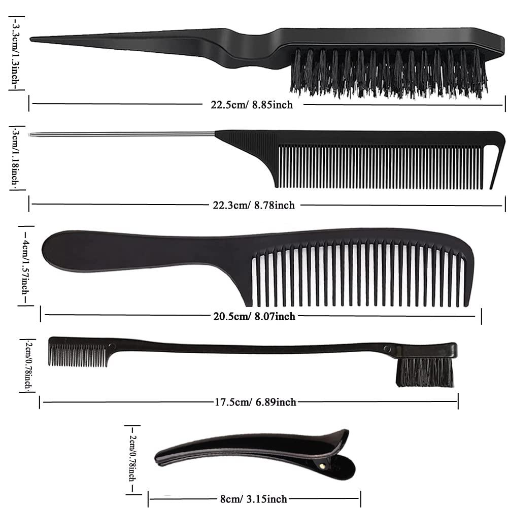 8 Pieces Teasing Hair Brush Set, Nylon Teasing Hair Comb with Edge Brush,  Rat Tail Comb, Wide Tooth Comb and Duckbill Hair Clips for Women Girls Men  Styling, Combing, Slicking Hair (Black)