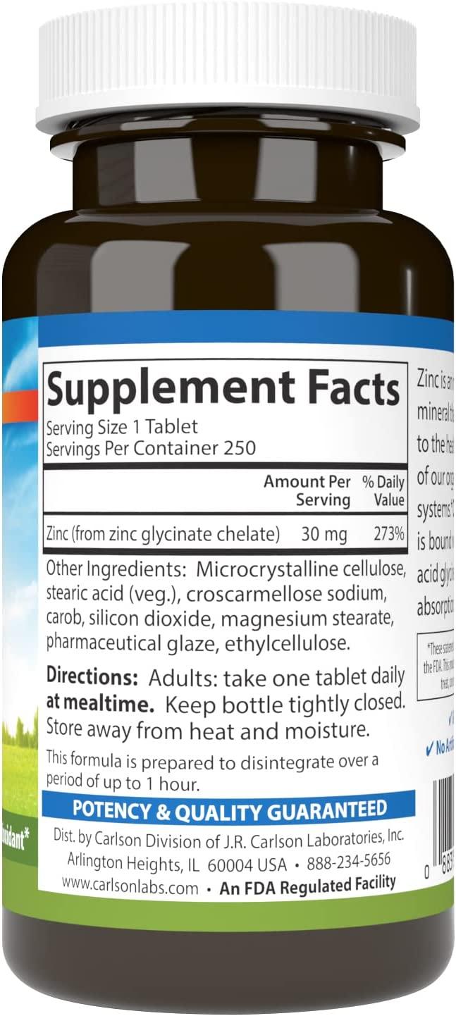 Carlson Labs Chelated Zinc 30 mg 250 Tablets